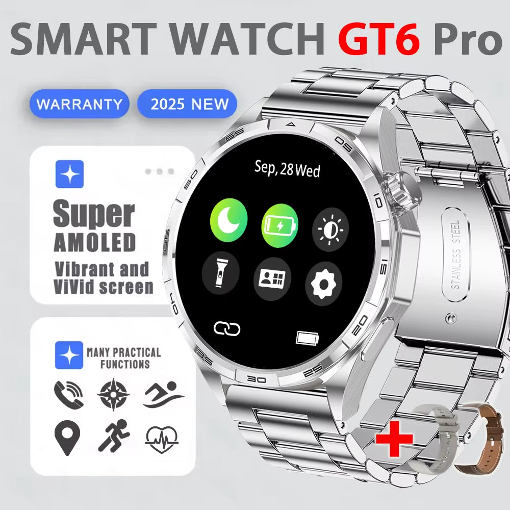 Smart Watch GT6 Pro (2025) 1.50-Inch HD AMOLED GPS Message Reminder Bluetooth Call Heart Rate 4GB Smartwatch Reduction 100%