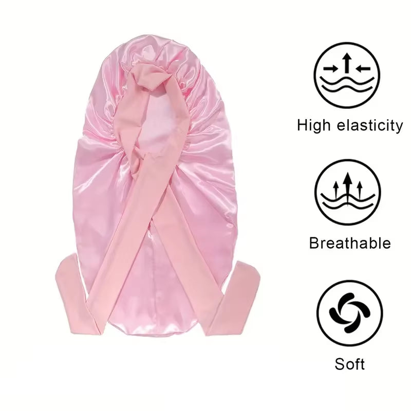 Bowknot Braid Bonnet, Unscented Satin Sleep Cap with Elastic Band and Long Tie for Women - Breathable Night Hair Bonnet